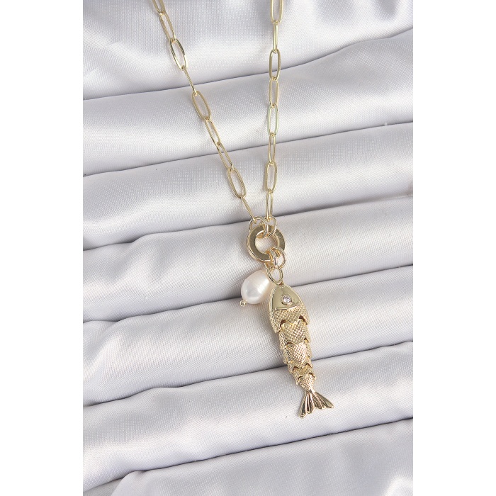 İnci Detaylı Zirkon Taşlı Balık Figürlü Gold Renk Pirinç Kolye - Lisinya
