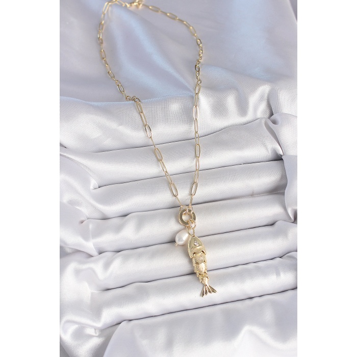 İnci Detaylı Zirkon Taşlı Balık Figürlü Gold Renk Pirinç Kolye - Lisinya