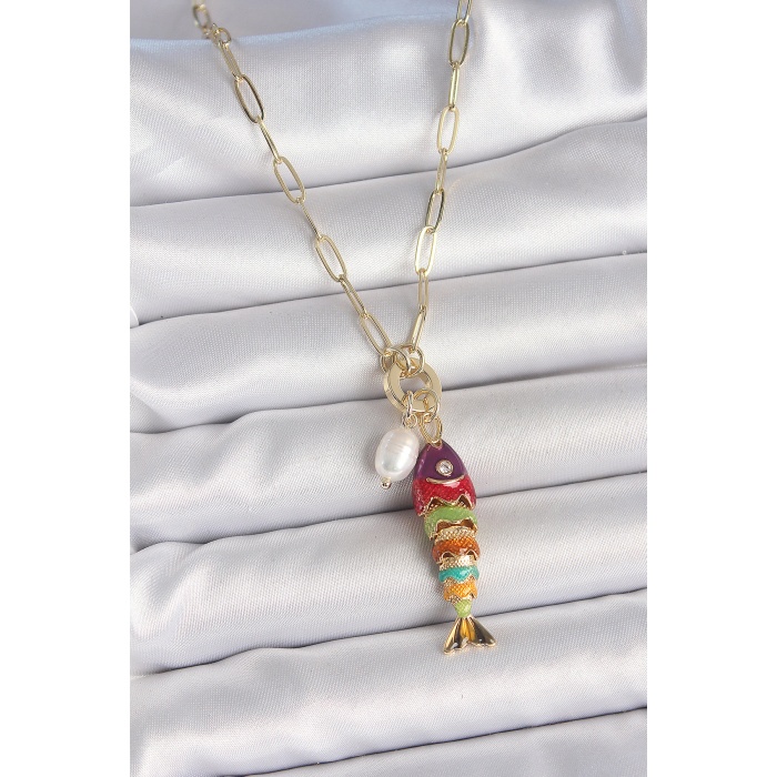 İnci Detaylı Zirkon Taşlı Rainbow Balık Figürlü Gold Renk Pirinç Kolye - Lisinya