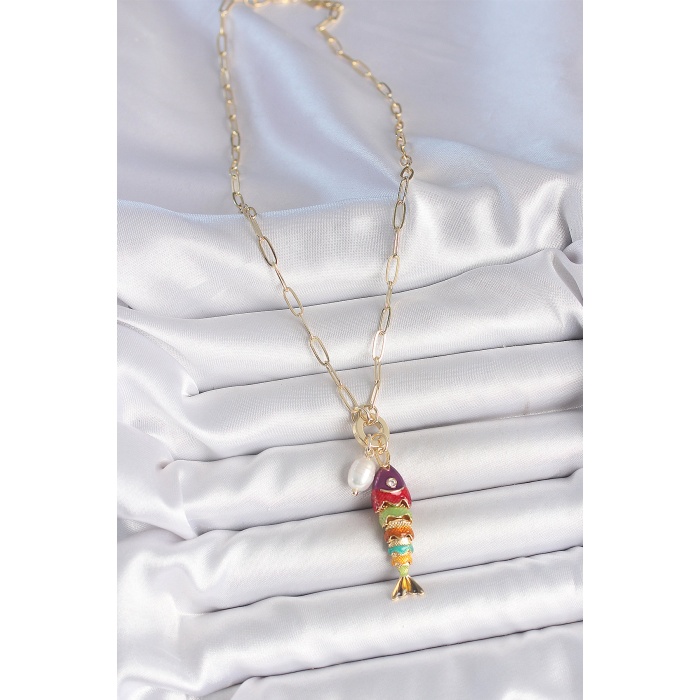 İnci Detaylı Zirkon Taşlı Rainbow Balık Figürlü Gold Renk Pirinç Kolye - Lisinya