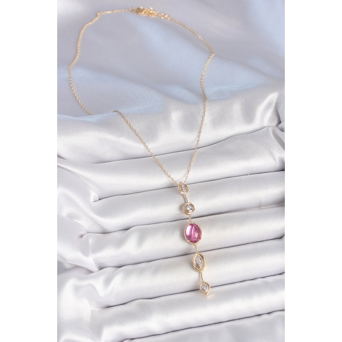 Pirinç Zincir Gold Renk Pembe Zirkon Taşlı Y Kolye - Lisinya