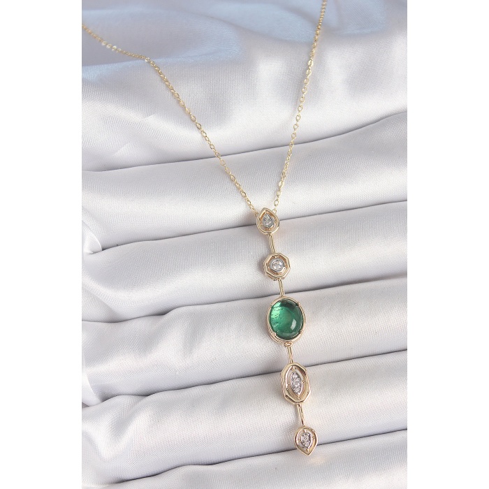 Pirinç Zincir Zümrüt Yeşil Gold Renk Zirkon Taşlı Y Kolye - Lisinya