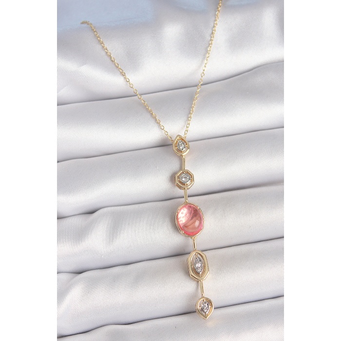 Pirinç Zincir Pembe Gold Renk Zirkon Taşlı Y Kolye - Lisinya