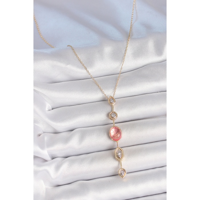 Pirinç Zincir Pembe Gold Renk Zirkon Taşlı Y Kolye - Lisinya