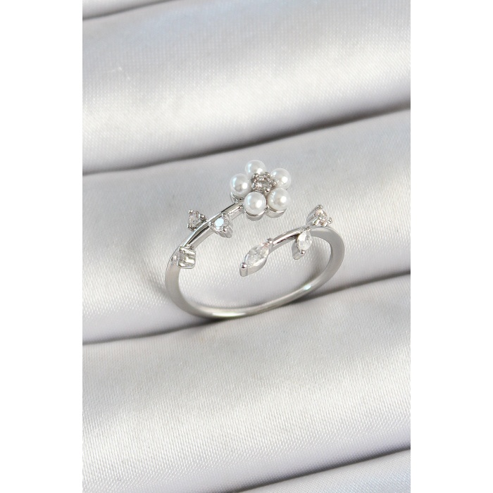 Pirinç İnci Detaylı Papatya Figürlü Zirkon Taşlı Gümüş Renk Ayarlanabilir Kadın Yüzük - Lisinya