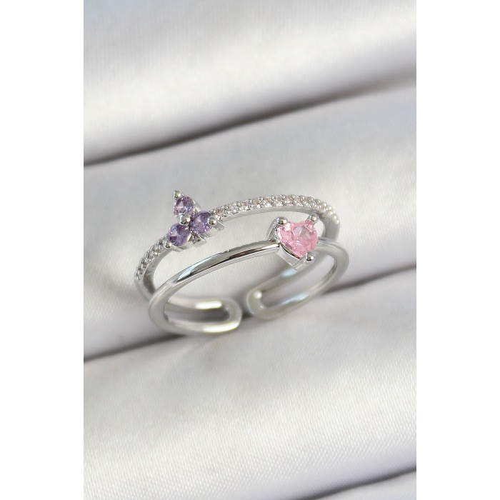 Pirinç Kalp Ve Çiçek Figürlü Zirkon Taşlı Gümüş Renk Ayarlanabilir Kadın Yüzük - Lisinya