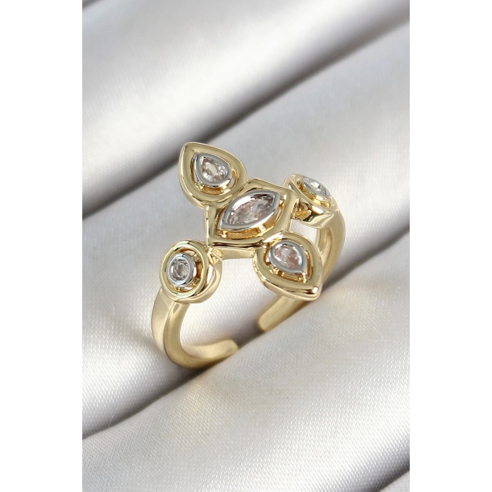 Pirinç Beş Taş Trend Figür Zirkon Taşlı Gold Renk Ayarlanabilir Kadın Yüzük - Lisinya