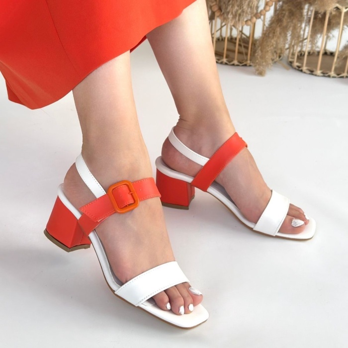 Year Beyaz Cilt Turuncu Detaylı Topuklu Ayakkabı - Lisinya