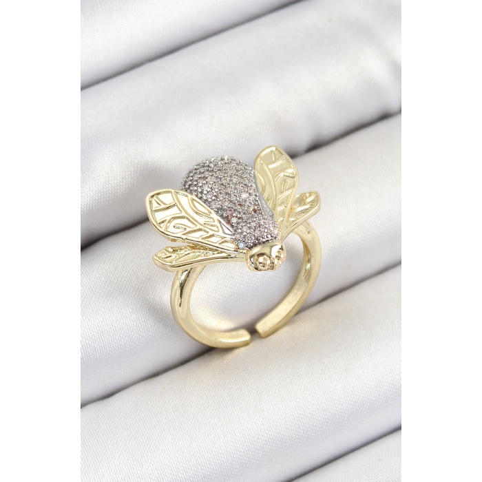 Pirinç Zirkon Taşlı Arı Model Gümüş Ve Gold Renk Kadın Yüzük - Lisinya