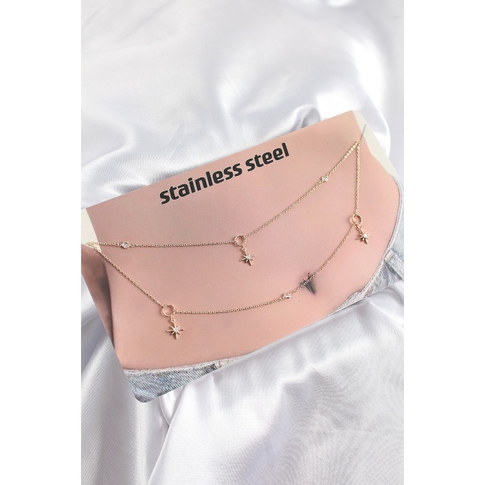 316L Çelik Zirkon Taşlı Kutup Yıldızı Model Gold Renk Göbek Bel Zinciri - Lisinya