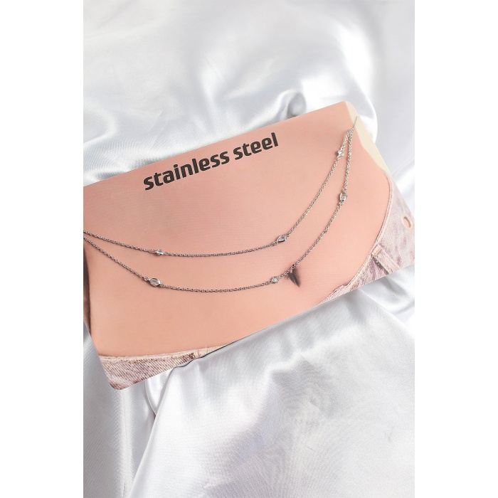 316L Çelik Zirkon Taşlı Damla Model Gümüş Renk Göbek Bel Zinciri - Lisinya