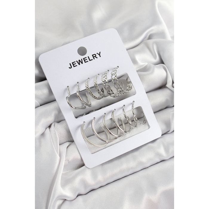 Pirinç Karışık Halka Model Gümüş Renk 6 Çift Kadın Küpe Set - Lisinya