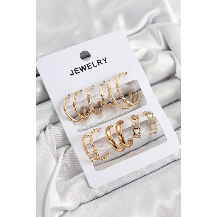 Pirinç Karışık Halka Model Gold Renk 6 Çift Kadın Küpe Set - Lisinya
