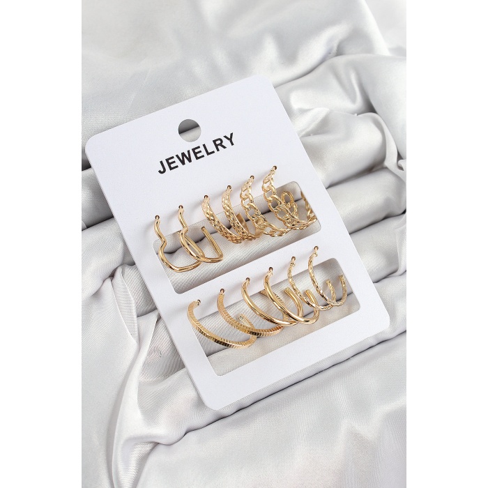 Pirinç Karışık Halka Model Gold Renk 6 Çift Kadın Küpe Set - Lisinya