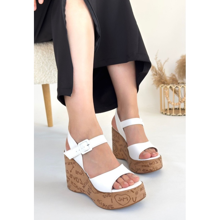 Riboy Beyaz Cilt Dolgu Topuk Sandalet - Lisinya