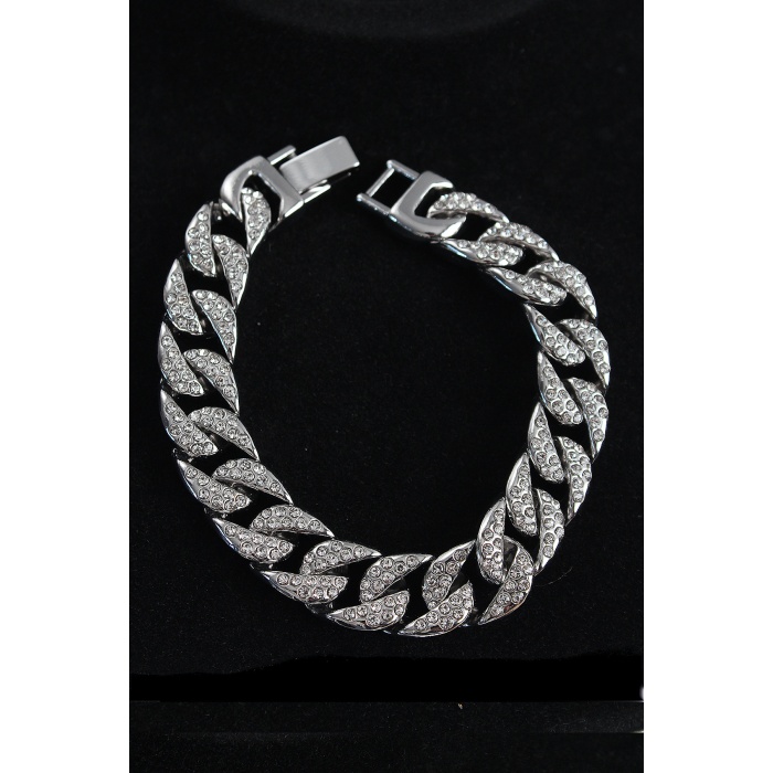 Pirinç Zirkon Taşlı Cuba Gurmet Model Gümüş Renk Erkek Bileklik - Lisinya