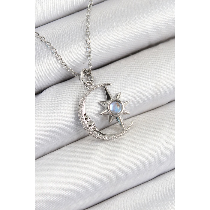 316L Çelik Zirkon Taşlı Kutup Yıldızlı Hilal Model Gümüş Renk Kadın Kolye - Lisinya