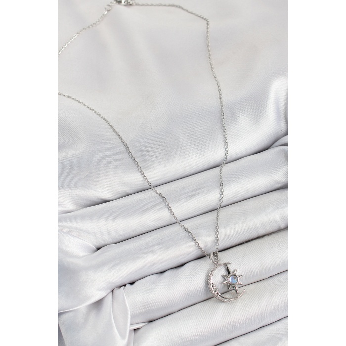 316L Çelik Zirkon Taşlı Kutup Yıldızlı Hilal Model Gümüş Renk Kadın Kolye - Lisinya