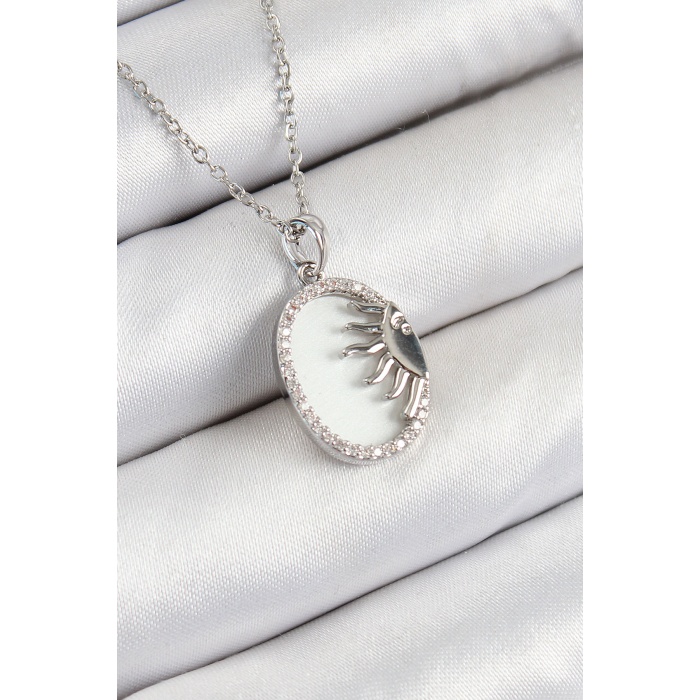 316L Çelik Zirkon Taşlı Yarım Güneş Model Gümüş Renk Kadın Kolye - Lisinya