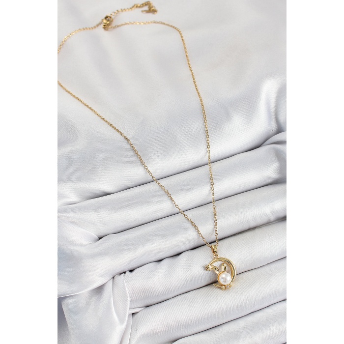 316L Çelik İnci Detaylı Hilal Tavşan Model Gold Renk Kadın Kolye - Lisinya