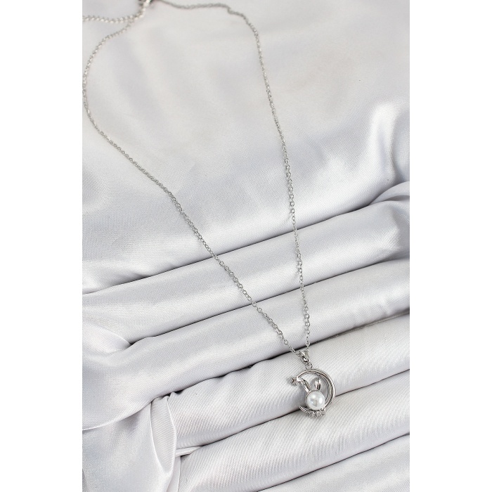 316L Çelik İnci Detaylı Hilal Tavşan Model Gümüş Renk Kadın Kolye - Lisinya