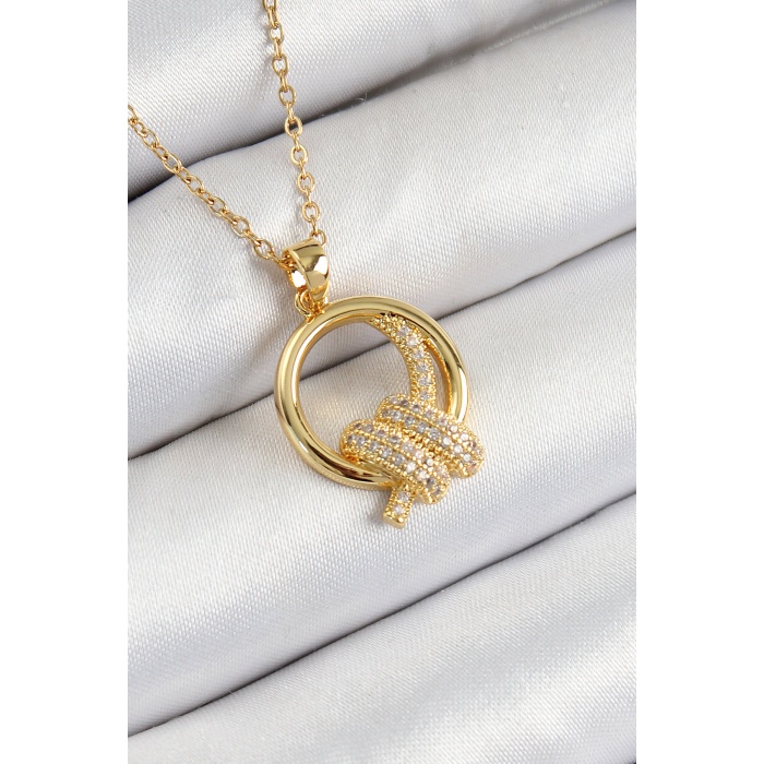 316L Çelik Zirkon Taşlı Düğüm Model Gold Renk Kadın Kolye - Lisinya