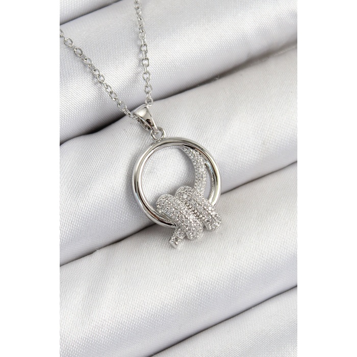 316L Çelik Zirkon Taşlı Düğüm Model Gümüş Renk Kadın Kolye - Lisinya