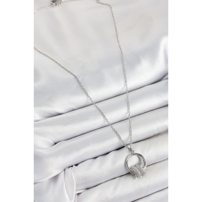 316L Çelik Zirkon Taşlı Düğüm Model Gümüş Renk Kadın Kolye - Lisinya