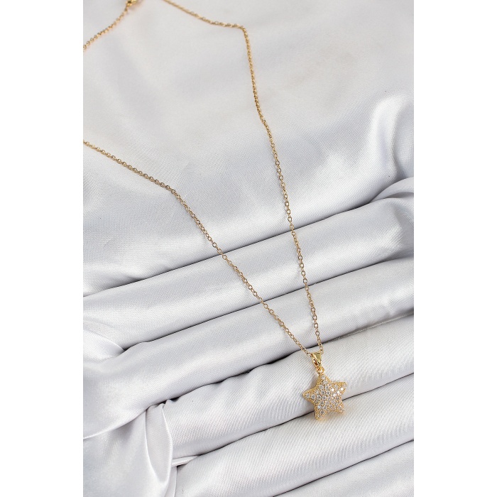 316L Çelik Zirkon Taşlı Yıldız Model Gold Renk Kadın Kolye - Lisinya