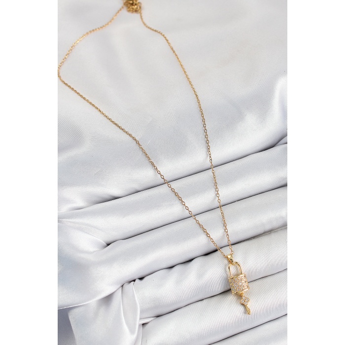 316L Çelik Zirkon Taşlı Kilit Ve Sallantılı Anahtar Model Gold Renk Kadın Kolye - Lisinya