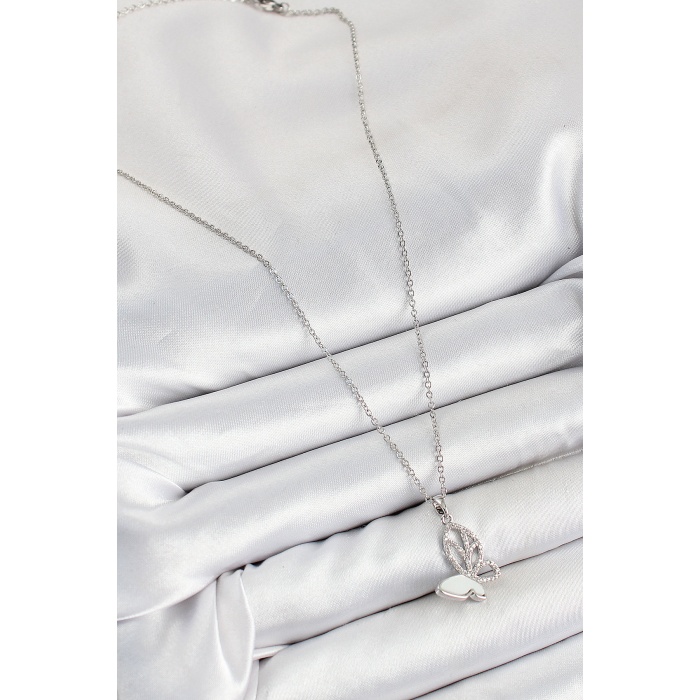 316L Çelik Zirkon Taşlı Kelebek Model Gümüş Renk Kadın Kolye - Lisinya
