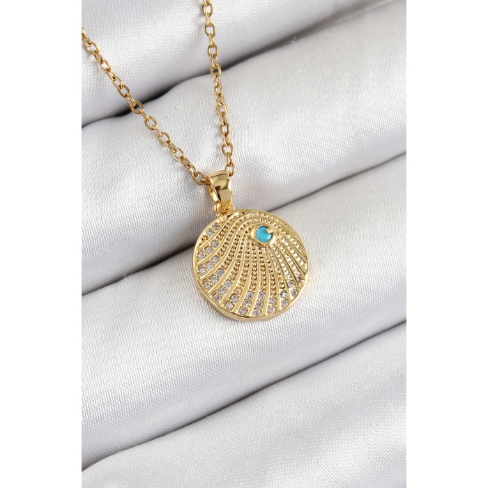 316L Çelik Zirkon Taşlı Madalyon Model Gold Renk Kadın Kolye - Lisinya