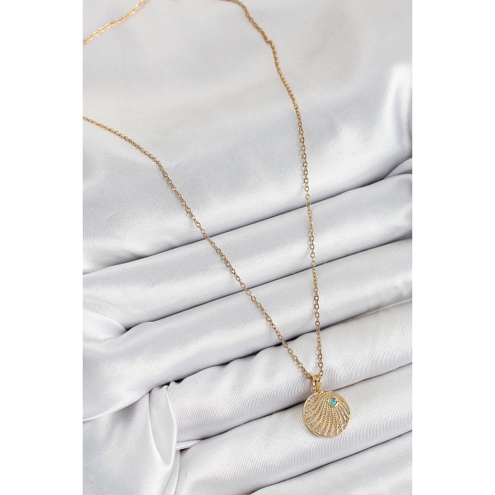 316L Çelik Zirkon Taşlı Madalyon Model Gold Renk Kadın Kolye - Lisinya