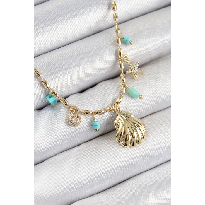 Pirinç Zirkon Taşlı Deniz Kabuğu Model Gold Renk Kadın Kolye - Lisinya