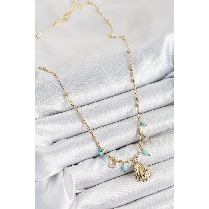 Pirinç Zirkon Taşlı Deniz Kabuğu Model Gold Renk Kadın Kolye - Lisinya