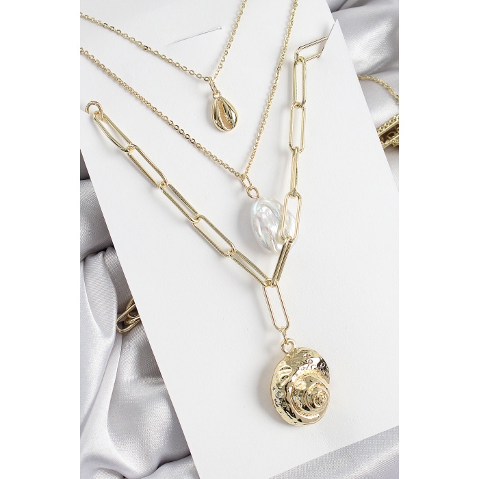 Pirinç Çoklu Zincirli İncili Deniz Kabuğu Model Gold Renk Kadın Kolye - Lisinya