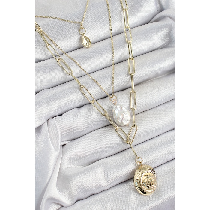 Pirinç Çoklu Zincirli İncili Deniz Kabuğu Model Gold Renk Kadın Kolye - Lisinya