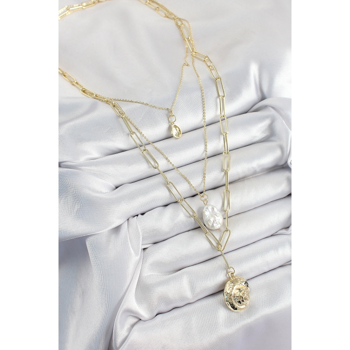 Pirinç Çoklu Zincirli İncili Deniz Kabuğu Model Gold Renk Kadın Kolye - Lisinya