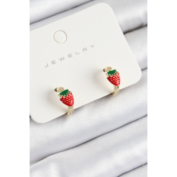 Pirinç Çilek Model Gold Renk Çocuk Küpe - Lisinya