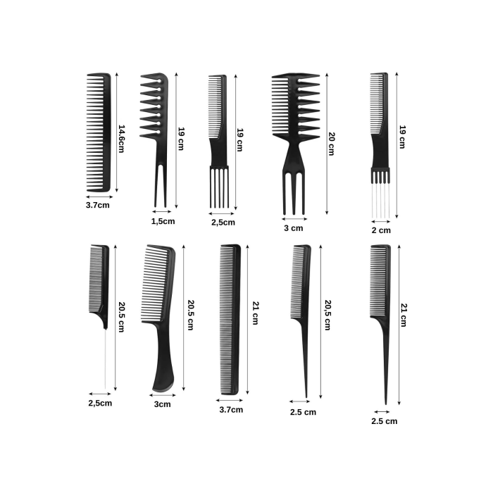 10 Parça Profesyonel Kuaför Tarak Seti - Saç Kesim, Ayırma, Şekillendirme Ve Fön Tarağı ( Lisinya )