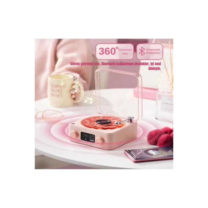 Waves Nostalji Plak Görünümlü Bluetooth Hoparlör 3d Ses Dalgası Retro Müzik Plak Pembe ( Lisinya )