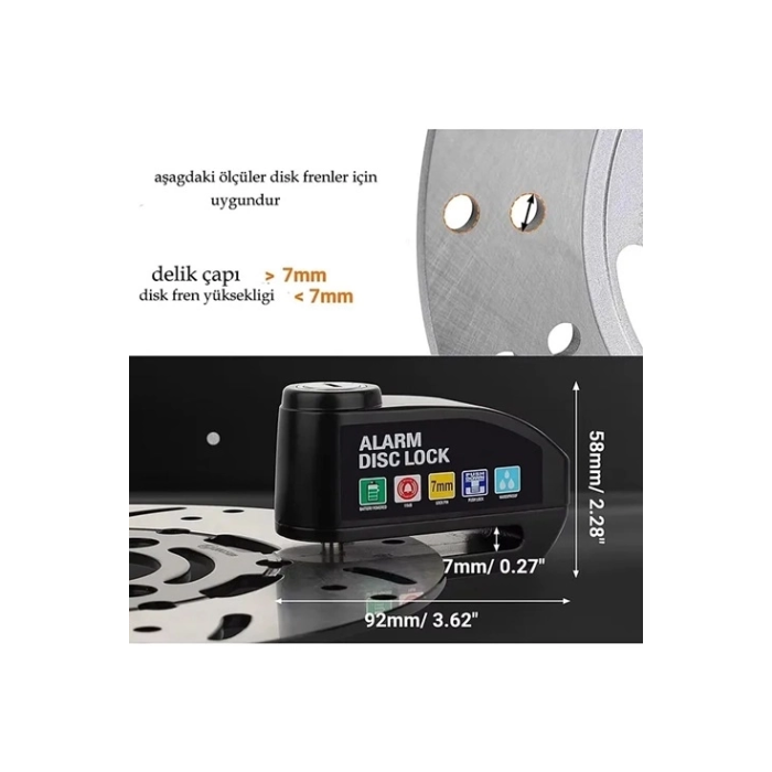 Alarmlı Disk Kilidi Motorsiklet Scooter Bisiklet Sesli Alarm 110 Desibel Yüksek Ses ( Lisinya )