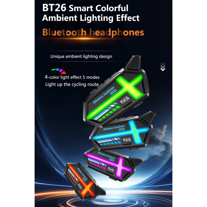 Bt26 Motosiklet Kask Kulaklık Bluetooth Rgb Işıklı 2 Eşleşme Özellikli 1000 Mah Intercom ( Lisinya )