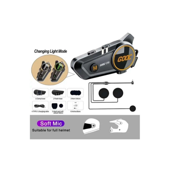 C50 Motosiklet Intercom Kask Kulaklık 1000 Mah Rgb Işıklı Bluetooth Kulaklık Ip67 ( Lisinya )