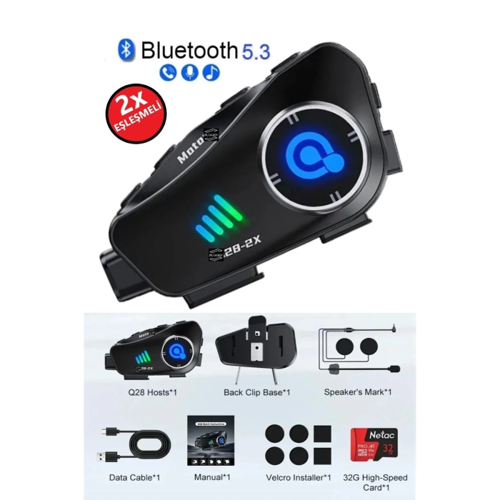 Q28 2x 2 Eşleşmeli Motosiklet Kask Bluetooth Kulaklık 1080p Kamera Su Geçirmez Intercom ( Lisinya )
