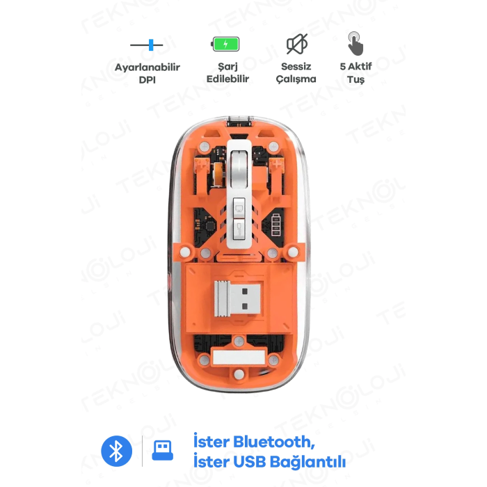 Bluetooth Usb Çift Modlu Sessiz Mouse, Şeffaf Mıknatıslı Kapaklı, Type-c Şarjlı, Dpı Ayarlı, Kablosuz 10m Çekim Mesafeli, Masaüstü Kısayol Tuşlu, Taşınabilir Şarjlı Mouse Turuncu ( Lisinya )