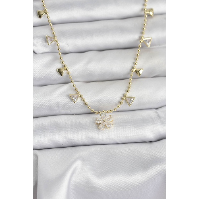 Pirinç Gold Renk Zirkon Taşlı Çiçek Model Kadın Kolye - Lisinya