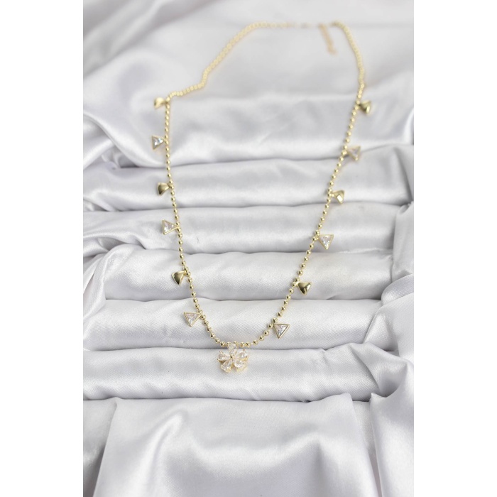 Pirinç Gold Renk Zirkon Taşlı Çiçek Model Kadın Kolye - Lisinya