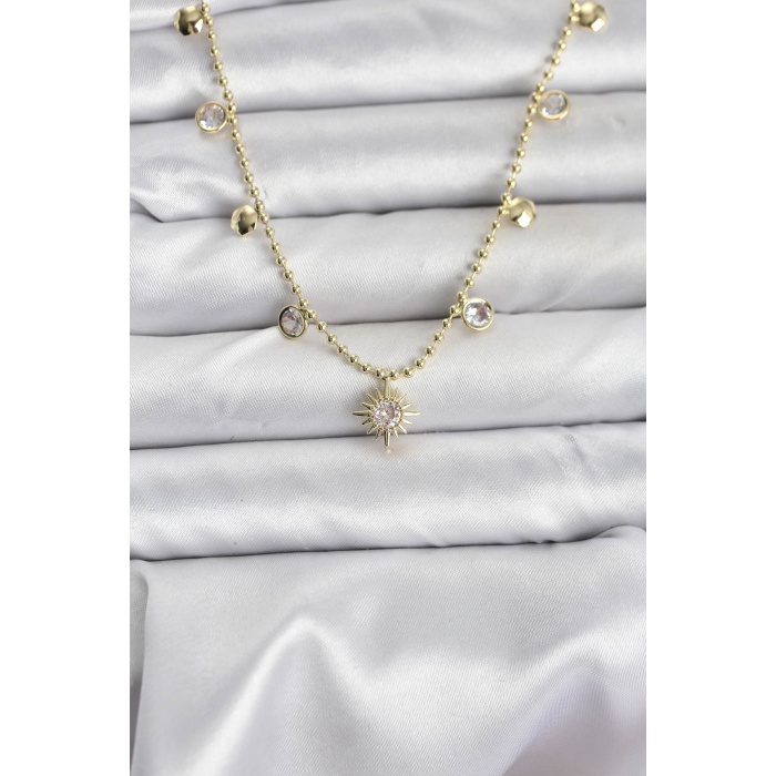 Zirkon Taşlı Kutup Yıldızı Model Pirinç Gold Renk Kadın Kolye - Lisinya