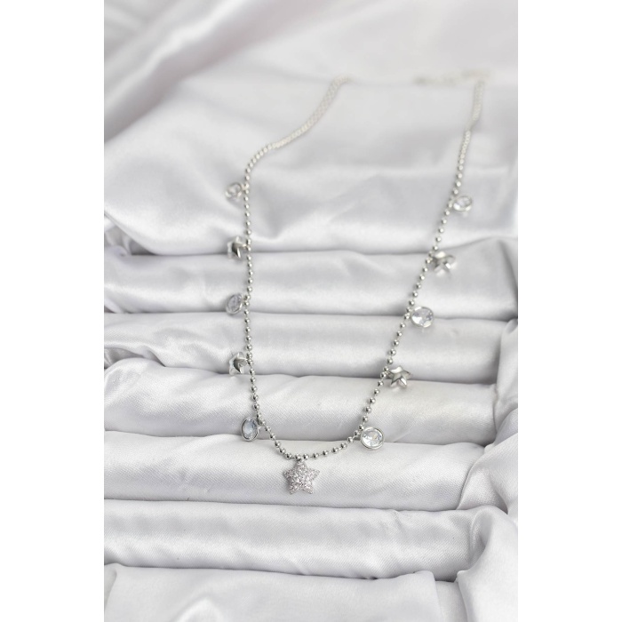 Pirinç Gümüş Renk Yıldız Model Kadın Kolye - Lisinya